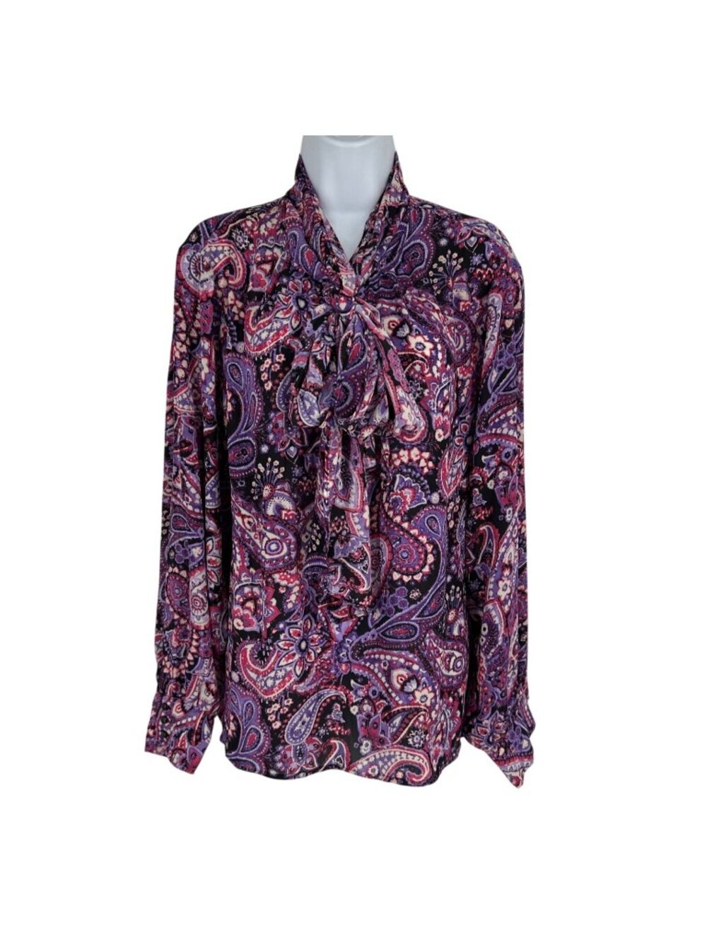 Joan Rivers Paisley Print Long Sleeve Bow Tie Neckline Button Cuff Blouse Sz 1X